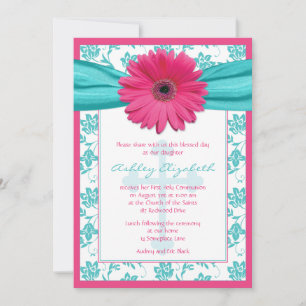 Rosa Blue Daisy Damask First Communion-inbjudan Inbjudningar