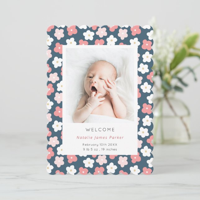 Rosa Blue Daisy Flower | Cute Simple Birth Meddelande (Stående Fram)