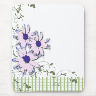 Rosa Blue Daisy Flowers Grönt Gingham Musmatta