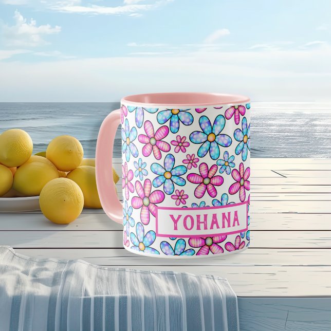 Rosa & Blue Daisy Mönster anpassningsbar, sommar Mugg (Pink & Blue Daisy Patterns custom Summer Mug)