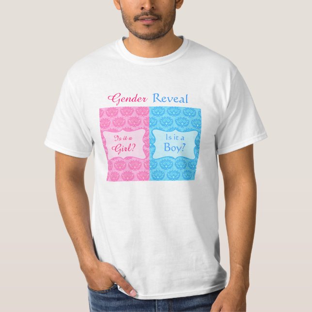 Rosa Blue Damask Baby Gender Reveal Party Man's T Shirt (Framsida)