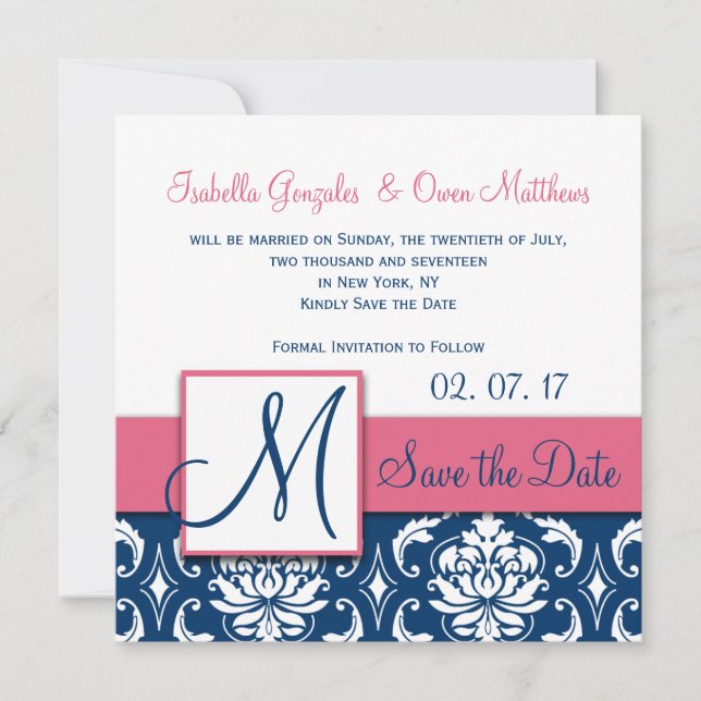 Rosa Blue Damask Monogram Spara datumkortet Datumet (Framsida)