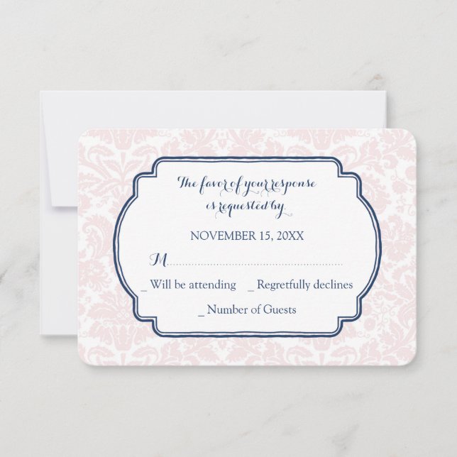  Rosa Blue Damask OSA Bröllop Card (Framsida)
