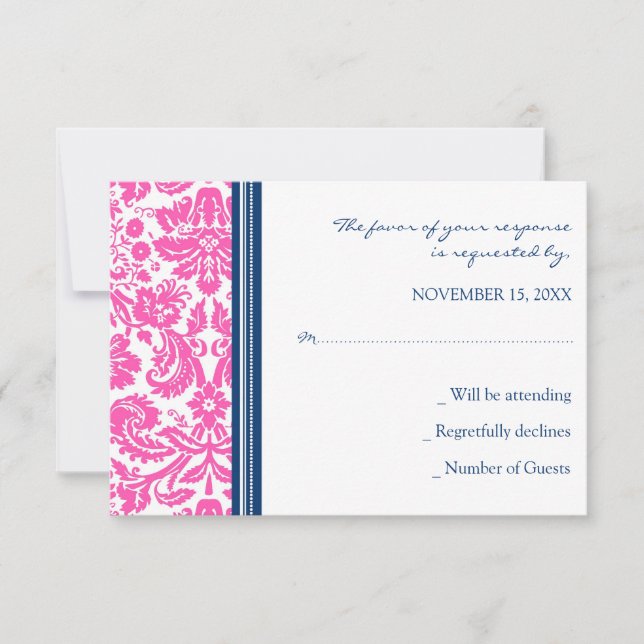 Rosa Blue Damask OSA Bröllop Card (Framsida)