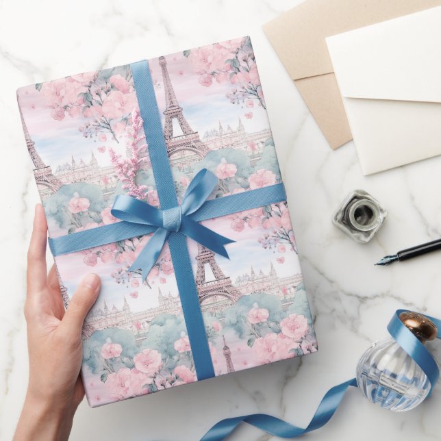  Rosa Blue Eiffel Torn Paris Fransk Scenery Presentpapper (Gifting)
