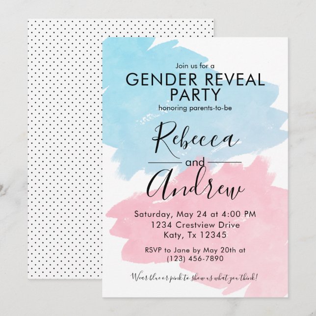 Rosa & Blue Färg Stänk Gender Reveal Baby Shower Inbjudningar (Fram/baksida)