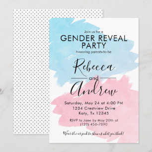 Rosa & Blue Färg Stänk Gender Reveal Baby Shower Inbjudningar