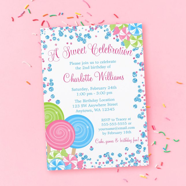 Rosa Blue Faux Glitter Candy Birthday-inbjudan Inbjudningar (Skapare uppladdad)