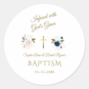 Rosa Blue Floral Gold Calligraphy Twins Baptism Runt Klistermärke