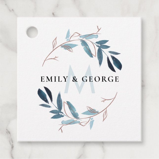  ROSA BLUE FOLIAGE MONOGRAM WREATH BRÖLLOP GÅVOR ETIKETTER (Framsida)