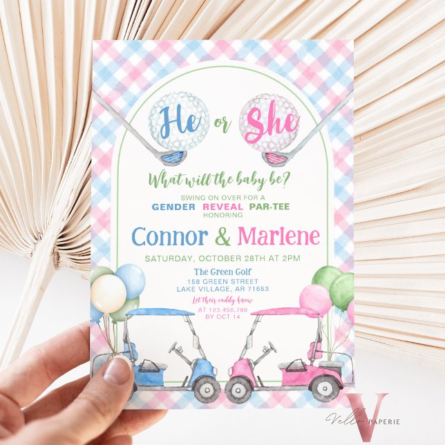 Rosa Blue Gender Reveal Golf Par-TEE Baby Shower Inbjudningar (Skapare uppladdad)