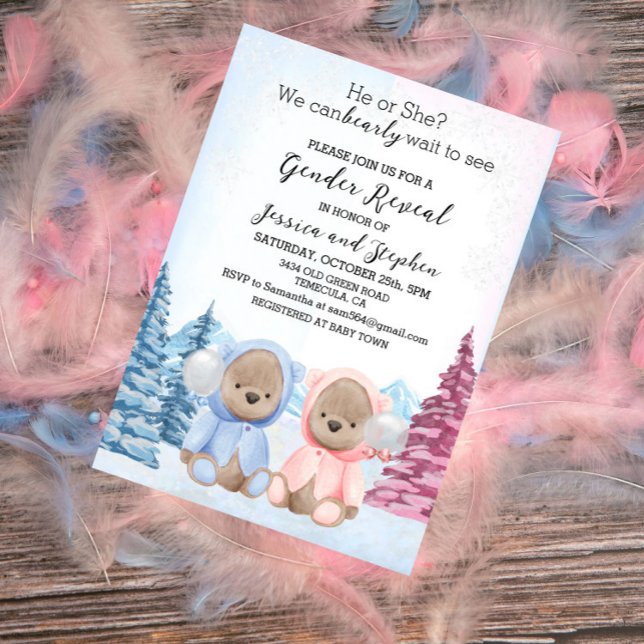 Rosa Blue Gender Reveal Nalle   Inbjudningar (Skapare uppladdad)