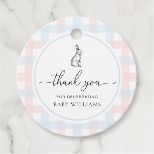 Rosa Blue Gingham Bunny Rabbit Baby Shower Gåvor Etiketter