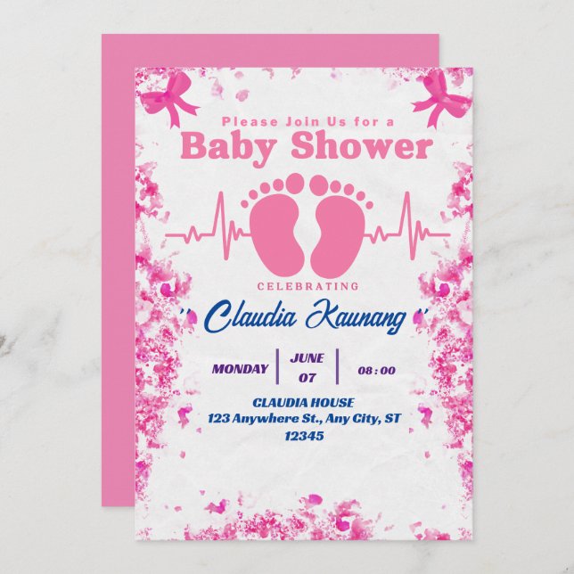 Rosa & Blue Girl Baby Shower Inbjudningar (Fram/baksida)