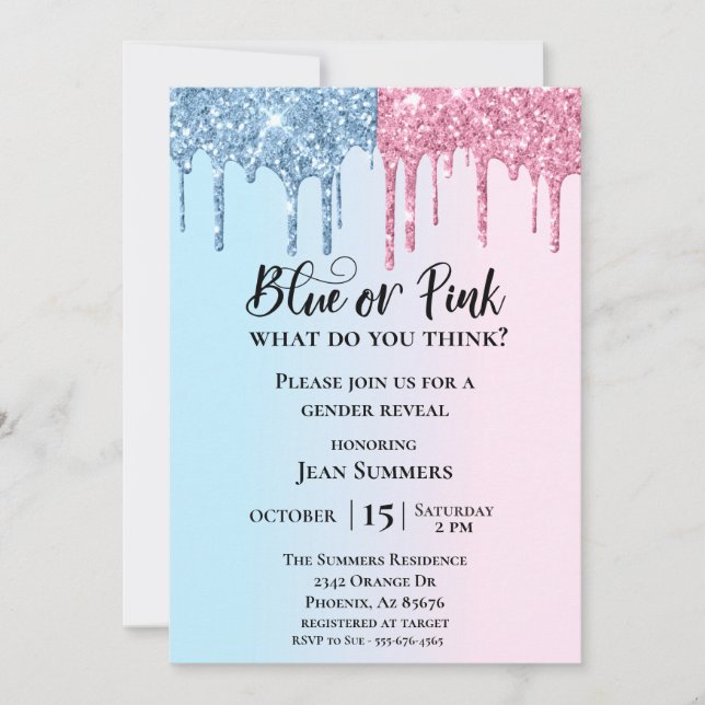 Rosa Blue Glitter Drives Gnistra Glam Gender Revea Inbjudningar (Framsida)