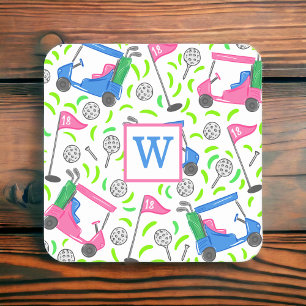 Rosa Blue Grönt Golf Preppy Initial Underlägg Papper Kvadrat