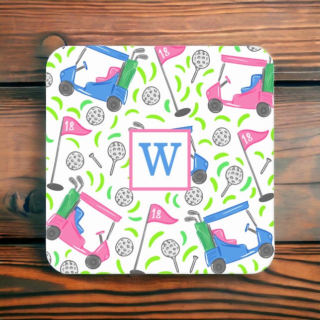 Rosa Blue Grönt Golf Preppy Initial Underlägg Papper Kvadrat (Skapare uppladdad)