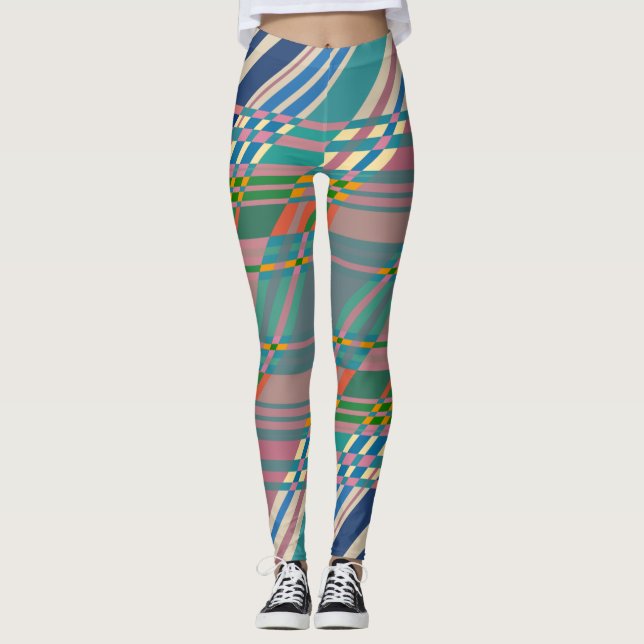 Rosa Blue Grönt Rand Geometric Mönster Gym Leggings (Framsida)