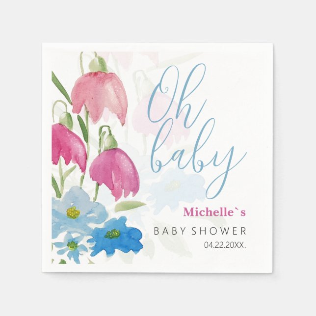 Rosa Blue Grönt Vår Watercolor Flowers Pappersservett (Framsidan)