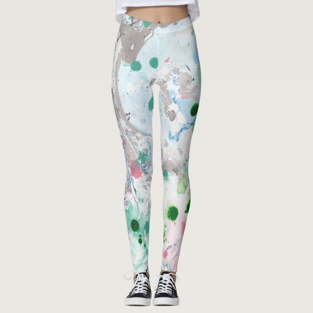 Rosa Blue Grönt White Modern Elegant Abstrakt Art Leggings (Framsida)
