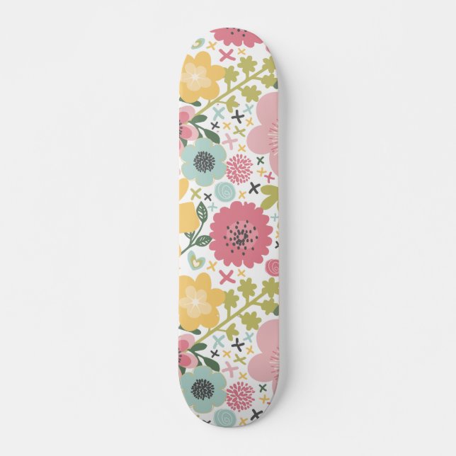 Rosa Blue Gula blommor Modern Blommigt Skateboard (Framsida)