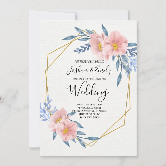 Rosa Blue Guld Blommigt  geometrisk Bröllop Inbjudningar (Framsida)