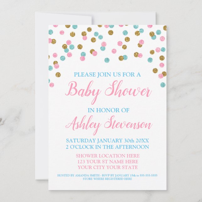 Rosa Blue Guld Confetti Gender Neutral Baby Shower Inbjudningar (Baksida)