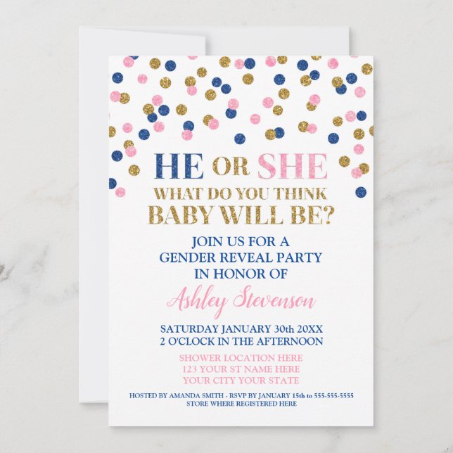 Rosa Blue Guld Confetti Gender Reveal Shower Inbjudningar (Baksida)