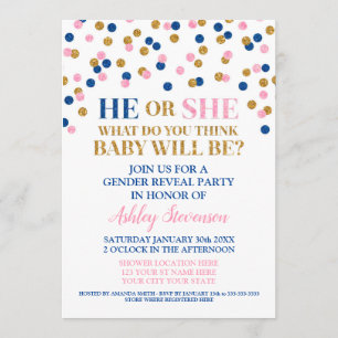 Rosa Blue Guld Confetti Gender Reveal Shower Inbjudningar