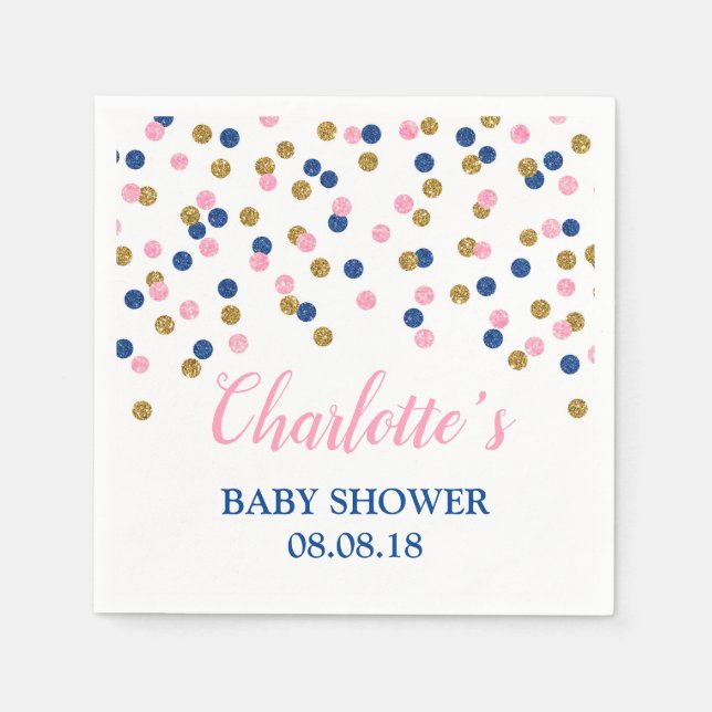 Rosa Blue Guld Dots Baby Shower Napkins Pappersservett (Framsidan)