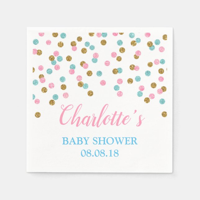 Rosa Blue Guld Dots Baby Shower Napkins Pappersservett (Framsidan)