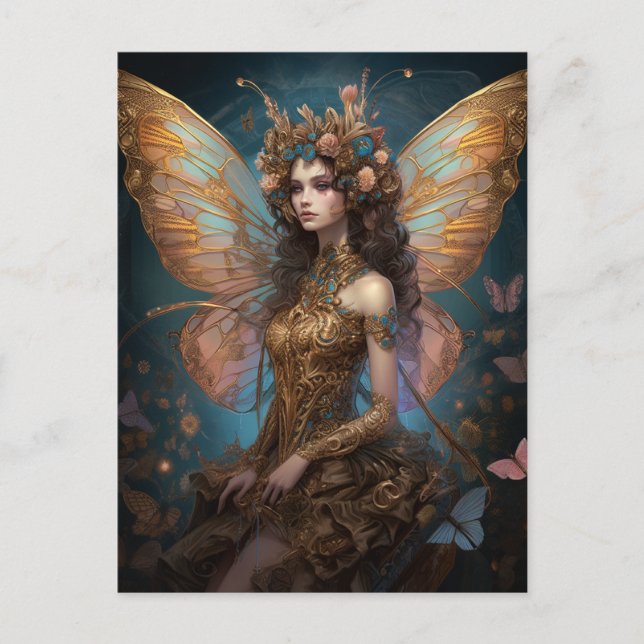Rosa Blue Guld Fairy Fantasy Art Vykort (Framsida)
