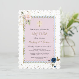 Rosa Blue Guld Flowers Kor Twillingar Baptism Inbjudningar