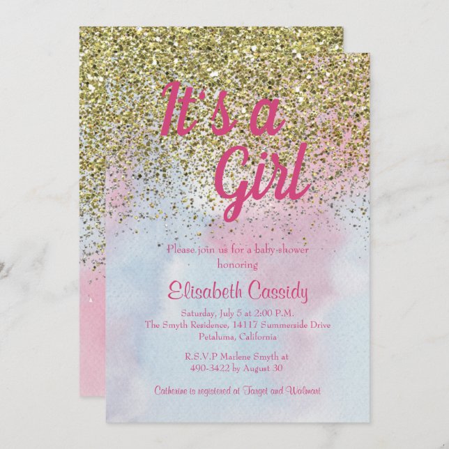 Rosa Blue Guld Glitter Sprinkle Baby Shower Inbjud Inbjudningar (Fram/baksida)