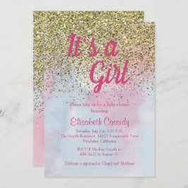 Rosa Blue Guld Glitter Sprinkle Baby Shower Inbjud Inbjudningar
