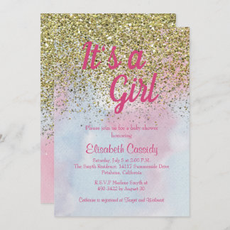 Rosa Blue Guld Glitter Sprinkle Baby Shower Inbjud Inbjudningar
