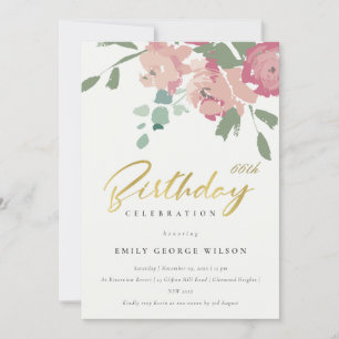 ROSA BLUE GULD PEONY BLOMMIGT ANY AGE BIRTHDAY INBJUDNINGAR