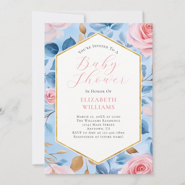 Rosa Blue Guld Ro Baby Shower-inbjudan för babyklä Inbjudningar (Framsida)