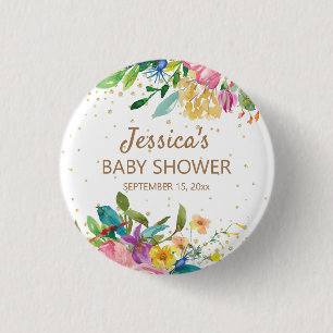 Rosa Blue Gult Blommigt Guld Glitter Baby Shower Knapp