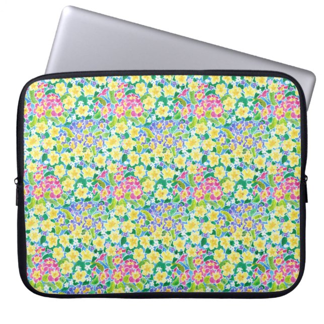 Rosa Blue Gult Primroses Neoprene Laptop sleeve (Framsidan)