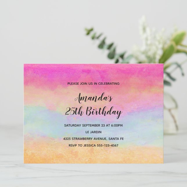 Rosa Blue Gult Rainbow Abstrakt Rand Birthday Inbjudningar (Stående Fram)