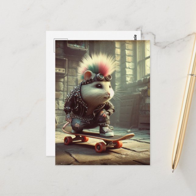 Rosa Blue Hair Punk Sten Skateboarding Hamster Vykort (Fram/Back In Situ)