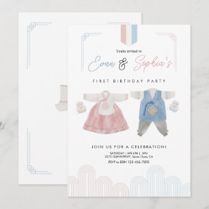 Rosa Blue Hanbok koreansk Doljanchi Första födelda Inbjudningar
