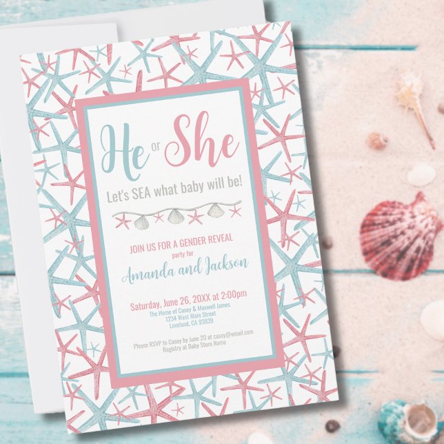 Rosa Blue He, Gender Reveal Party Inbjudningar (Pink and Blue He or She Summer Gender Reveal Party Invitation)