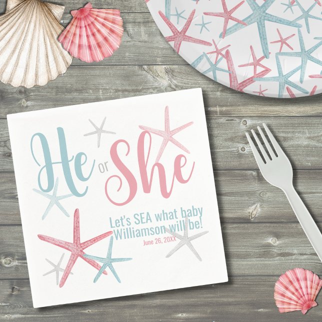 Rosa Blue He, Gender Reveal Party Pappersservett (Cute Pink Blue He She Summer Gender Reveal Party Napkins)