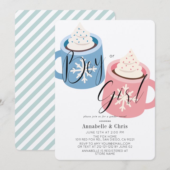 Rosa & Blue Hett Chocolate Mugg Gender Reveal Inbjudningar (Fram/baksida)