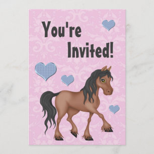 Rosa & Blue Horse & Hearts Damask Birthday Inbjuda Inbjudningar