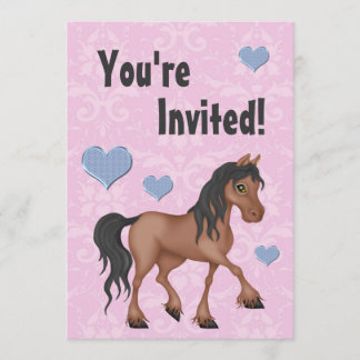 Rosa & Blue Horse & Hearts Damask Birthday Inbjuda Inbjudningar