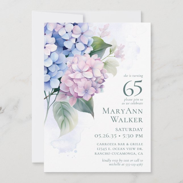 Rosa Blue Hydrangeas 65e Birthday Card-begäran Inbjudningar (Framsida)