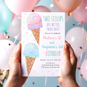 Rosa Blue Ice Cream Two Scoops Joint Birday Inbjudningar